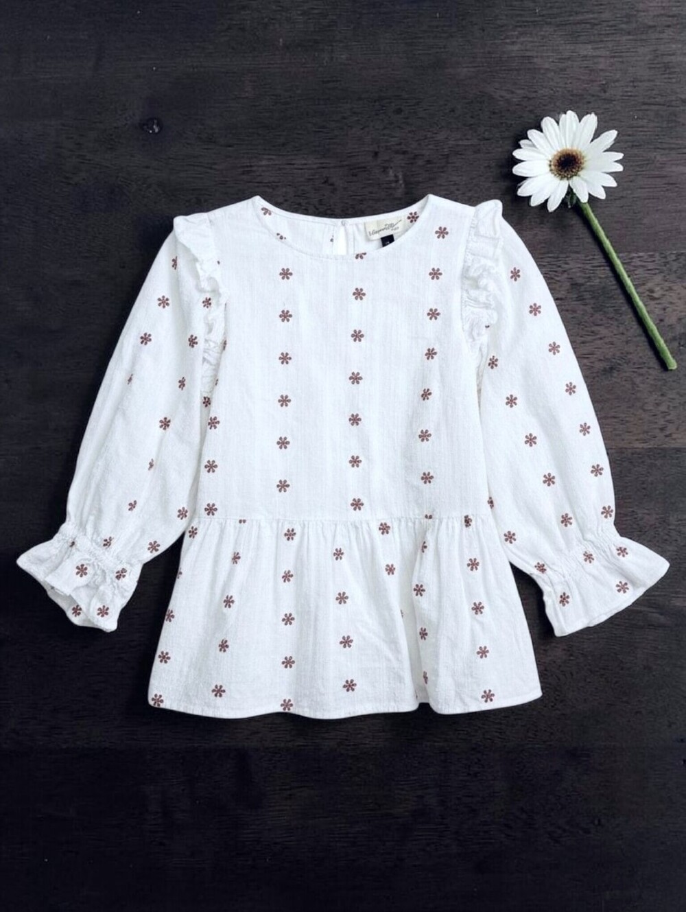 Universal Thread Embroidered Floral Balloon Sleeves Ruffle Shoulders Peplum Med